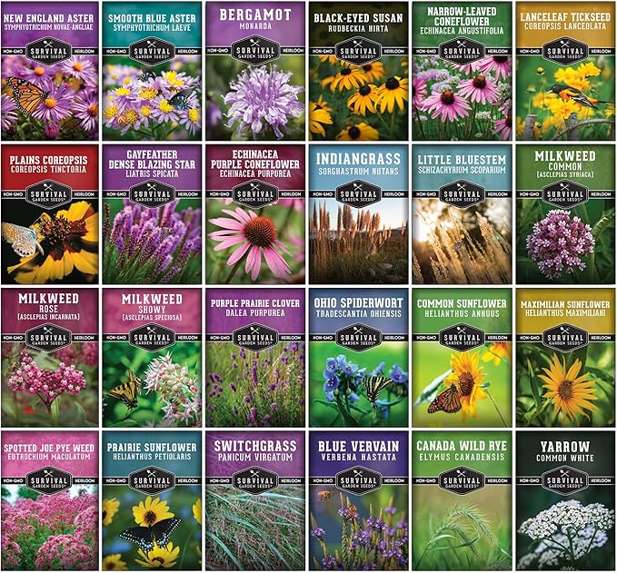 Native Wildflower Seeds for Planting 24 Variety Pack – Perennial & Annual North American Flowers for Butterfly & Bee-Friendly Pollinator Gardens – Non-GMO Heirloom – Survival Garden Seeds