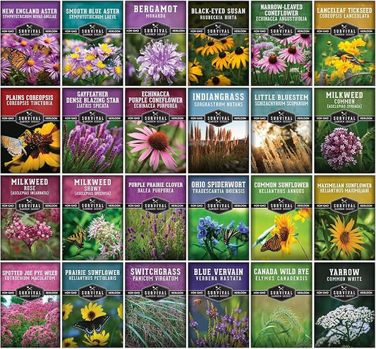 Native Wildflower Seeds for Planting 24 Variety Pack – Perennial & Annual North American Flowers for Butterfly & Bee-Friendly Pollinator Gardens – Non-GMO Heirloom – Survival Garden Seeds