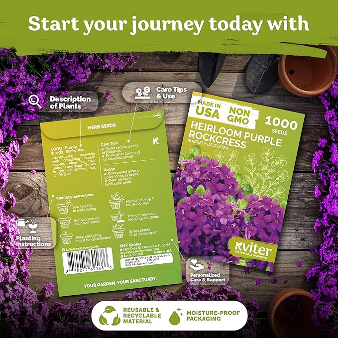 KVITER 1,000 Purple Rock Cress Seeds Perennial (Aubrieta deltoidea) - Aubrieta Seed, Lilacbush, Non-GMO & Organic Ground Cover Seed - Ideal Flower Seeds for Planting in Beds, Rock Garden & Walls