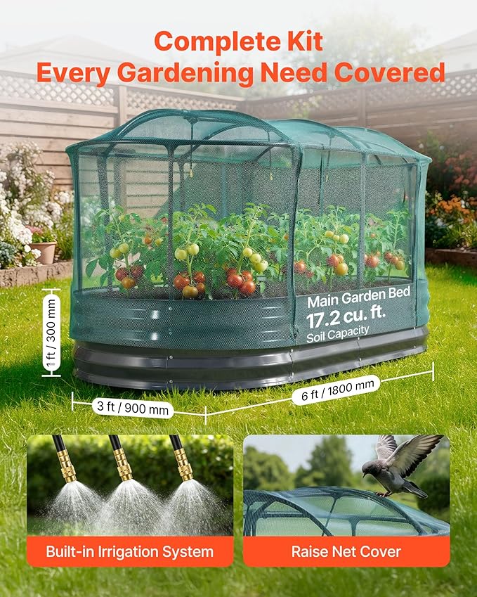 VEVOR 6x3x1FT Metal Raised Garden Bed Kit with Self Watering System and Mesh Cover, Oval Outdoor Galvanized Planter Raised Beds for Gardening Planting Flowers Fruits Vegetables