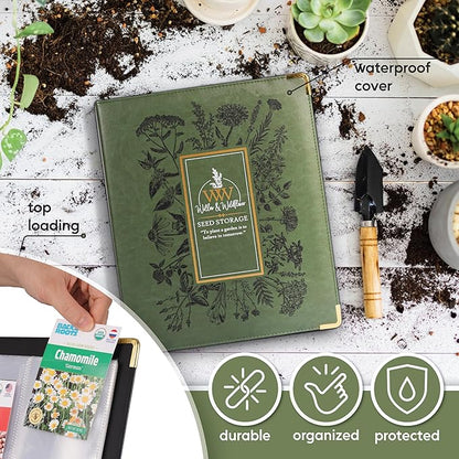 Willow and Wildflower Garden Seed Organizer Binder, Seed Storage Organizer, Garden Binder Book for Packet Storage Catalog Can Store 120 Packets with Dibber and Widger (Moss Green)