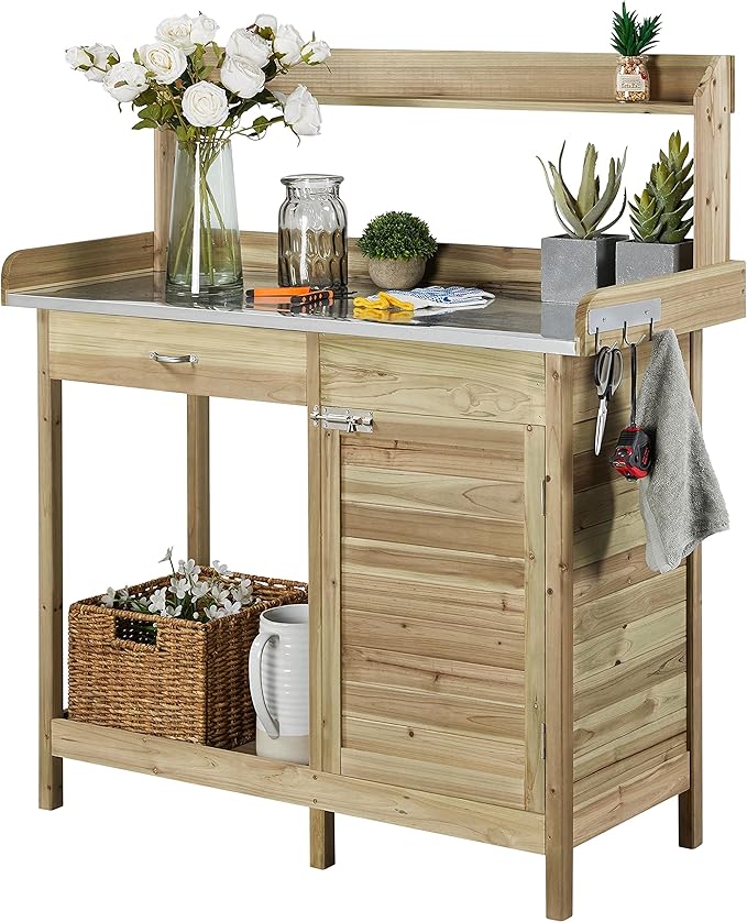 Topeakmart Garden Potting Bench Potting Table ACQ Lumber Wood Outdoor Work Station Work Bench Planting with Cabinet & Drawer & Top Shelf & Lower Shelf Light Green