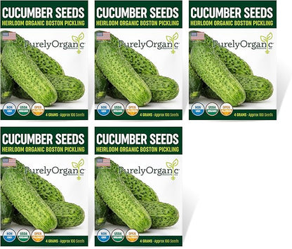 Purely Organic Products Boston Pickling Cucumber Seeds, Heirloom Organic, 3-6 inch Fruits (5 Packets - 20 Grams - Approx 500 Seeds)