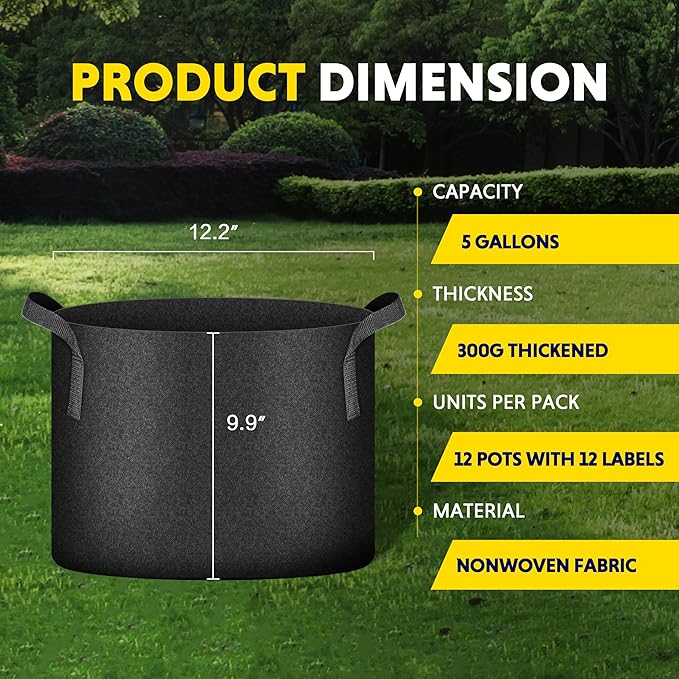 Simple Deluxe 12 Pack 5 Gallon Grow Bags, 300G Vegetable/Flower/Plant Fabric Pots with Handles, Heavy Duty Thickened Nonwoven Planting Bag with 12 Pcs Plant Labels