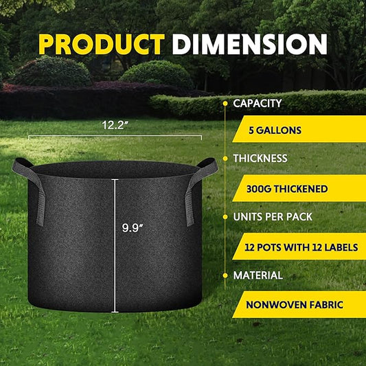 Simple Deluxe 12 Pack 5 Gallon Grow Bags, 300G Vegetable/Flower/Plant Fabric Pots with Handles, Heavy Duty Thickened Nonwoven Planting Bag with 12 Pcs Plant Labels