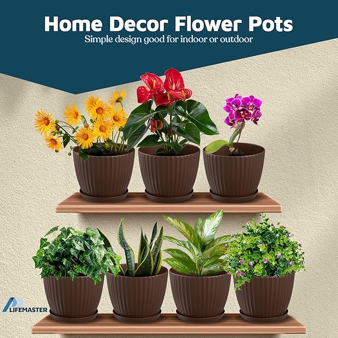 Brown 6-Inch Plant Pots with Drainage & Saucers 18 Pack, Indoor & Outdoor Planters for Houseplants, Herbs, and Flowers, Durable & Weatherproof Material, Stackable, Lightweight, Minimalist Design