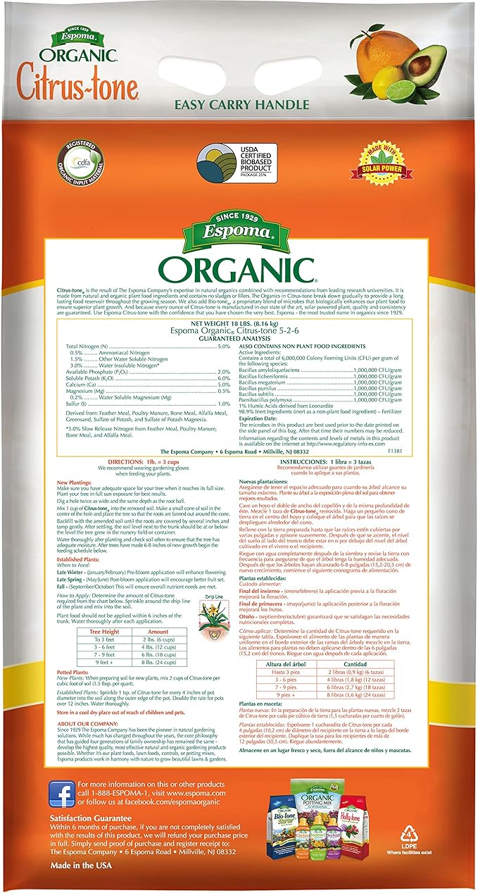 Espoma Organic Citrus-Tone 5-2-6 Natural & Organic Fertilizer and Plant Food for All Citrus, Fruit, Nut & Avocado Trees; 18 lb. Bag. Promotes Vigorous Growth & Abundant Fruit - 2 Pack