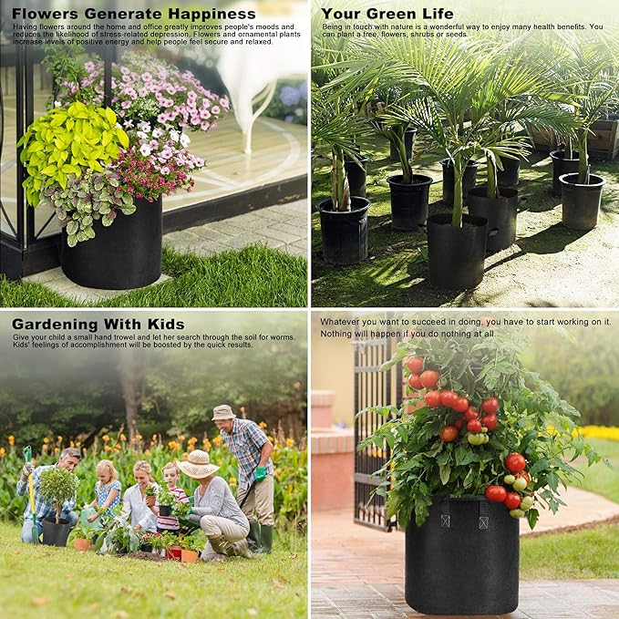 Taller Grow Bags for Deep Root Plants, 5 Gallon 8 Pack Thickened Nonwoven Fabric Pots with Short Handles, Washable Reusable Cloth Plant Bags for Vegetables, Pond Aquatic Plants