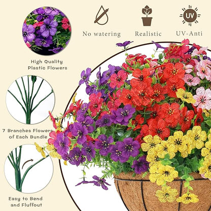 Senjie 12 Bundles Artificial Hanging Flowers with Basket for Outdoor Decor, UV Resistant Faux Flowers Fake Hanging Planter for Porch Patio Balcony