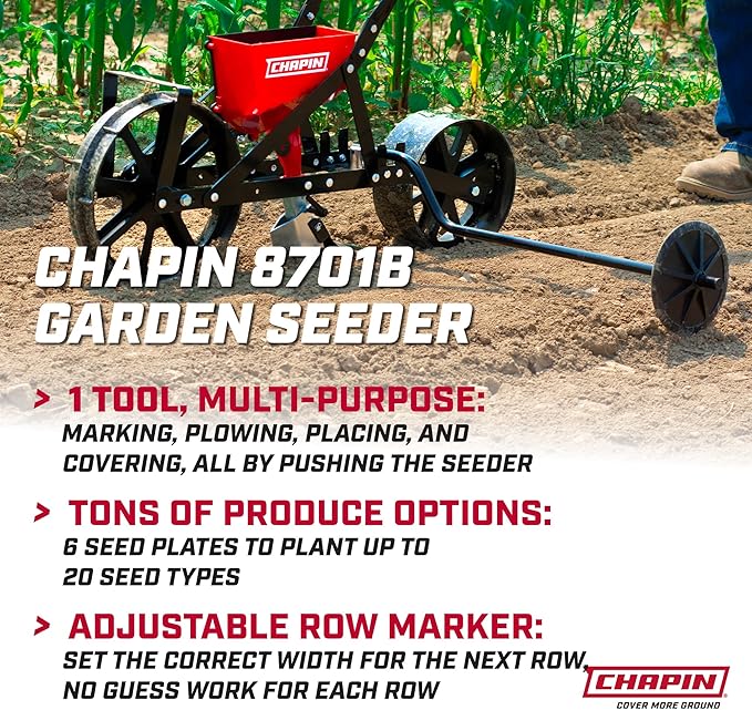 Chapin 8701B Garden Push Seeder Planter with 6 Seed Plates for up to 20 Varieties of Seeds, Zinc Plow Blade, Row Marker, Powder Coated Steel Frame, Red/Black
