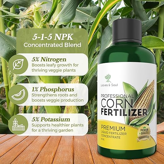 LEAVES AND SOUL Professional Liquid Corn Fertilizer | 5-1-5 Concentrate, Liquid Plant Fertilizer for Garden, Healthy Produce, Good Harvest, Multi-Purpose Blend & Gardening Supplies | 8 oz