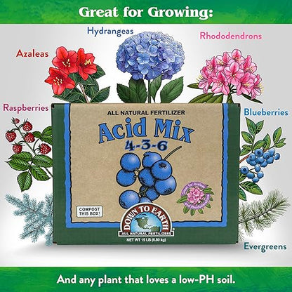Down To Earth All Natural Fertilizers Organic Acid Mix - Plant Food for Blueberries, Raspberries, Azaleas and Rhododendrons 4-3-6, 15 lb
