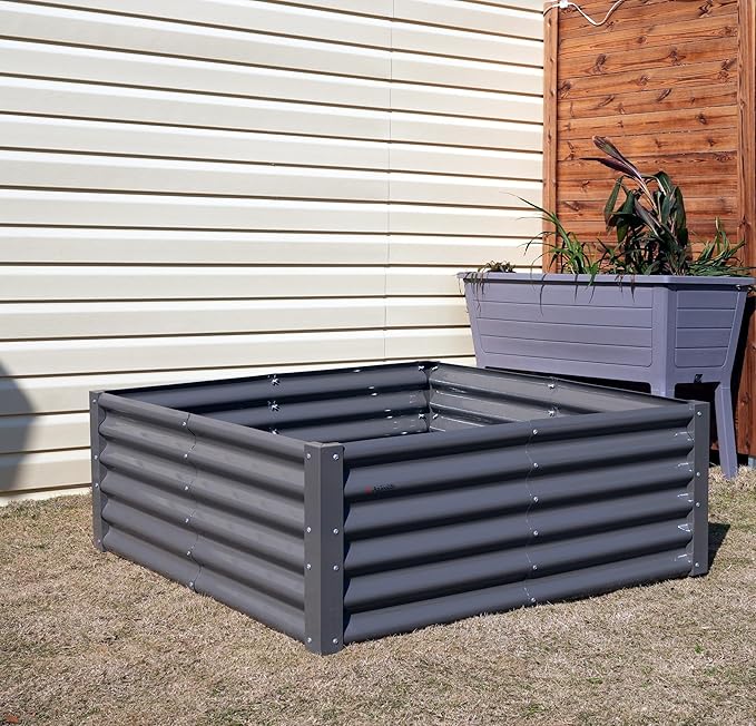 A ANLEOLIFE 8-Piece 18 Inch Tall Quartz Grey Raised Garden Beds Kit, L-Shaped & Square Metal Planters –Ideal for Structured Backyard Layouts.