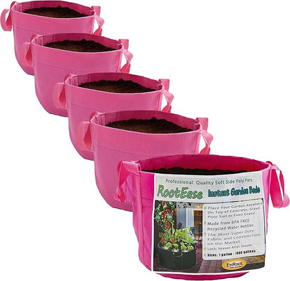 EnRoot Products LLC RootEase 5-Pack Garden Planting Fabric Pot, Heavy Duty Durable Grow Bags/Planter, Raised Bed Gardening, Best Eco-Friendly Grow Bags with Sturdy Handles (3 Gallon, Pink)