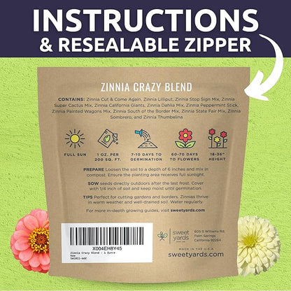 Zinnia Crazy Blend - Large 1 Ounce Packet - 4,000 Flower Seeds for Planting - Zinnia elegans