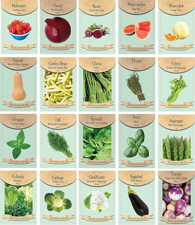 Set of 20 Assorted Vegetable & Herb Seed Packets - Create a Deluxe Garden Heirloom Seeds - 100% Non-GMO (20)