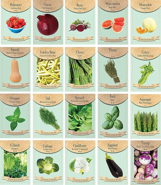 Set of 20 Assorted Vegetable & Herb Seed Packets - Create a Deluxe Garden Heirloom Seeds - 100% Non-GMO (20)