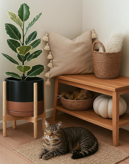 D'vine Dev Ceramic Planter with Natural Stand - 12 Inch Modern Round Flower Pot with Wood Planter Holder, Black/Speckled Tan, 55-B-J-7