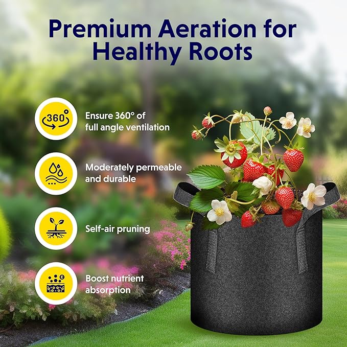 iPower 5-Pack 7 Gallon Plant Grow Bags Thickened Nonwoven Aeration Fabric Pots Heavy Duty Durable Container, Strap Handles for Garden, Black