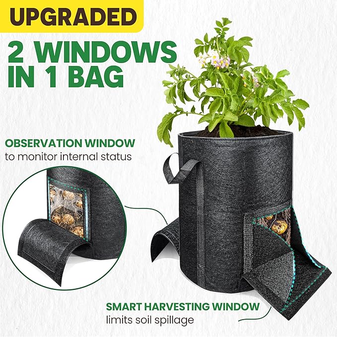 [Upgraded] 2PCS 20-Gallon Potato Grow Bags with Unique Harvest Window, Visible Window, Garden Planting Bag with Reinforced Handle, Nonwoven Fabric Pots for Tomato, Potato Growing Container - Black