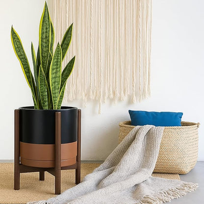 D'vine Dev Ceramic Planter with Walnut Color Stand - 12 Inch Modern Round Flower Pot with Wood Planter Holder, Black/Speckled Tan, 55-B-W-7