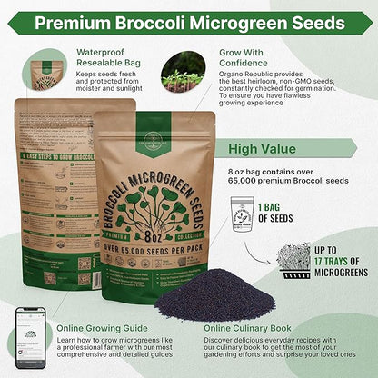Organo Republic Broccoli Sprouting & Microgreens Seeds - 65,000 Non-GMO Heirloom Seeds, Sprouts in Bulk 8oz Resealable Bag for Planting & Growing in Soil, Coconut Coir, Aeroponic & Hydroponic System