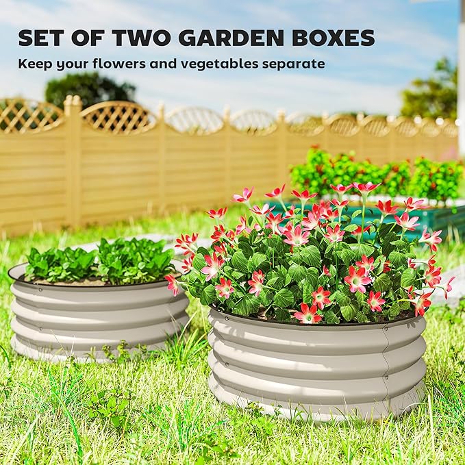 Outsunny Galvanized Raised Garden Bed Set of 2, Planters for Outdoor Plants with Safety Edging, Easy-to-Assemble Stock Tanks for Growing Flowers, Herbs and Vegetables, 2' x 2' x 1', Cream White
