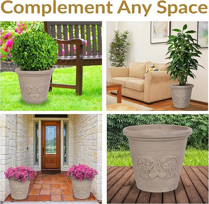 Sunnydaze 19.5-Inch Arabella Large Plastic Pot for Plants - Outdoor Double-Walled Polyresin Large Plastic Planter with Drillable Drainage Holes - Beige - 4-Pack