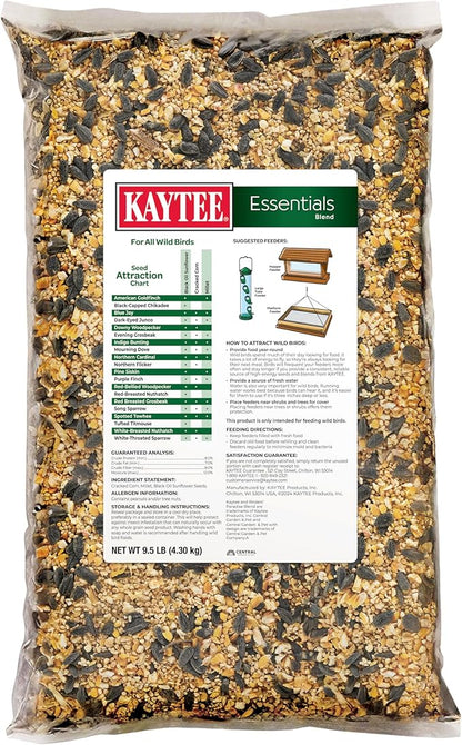 Kaytee Essentials Blend with Black Oil Sunflower, Cracked Corn and Millet, Wild Bird Food Seed for Cardinals, Jays, Finches, Chickadees, Nuthatches, Woodpeckers, Grosbeaks, Juncos, 9.5 Pounds