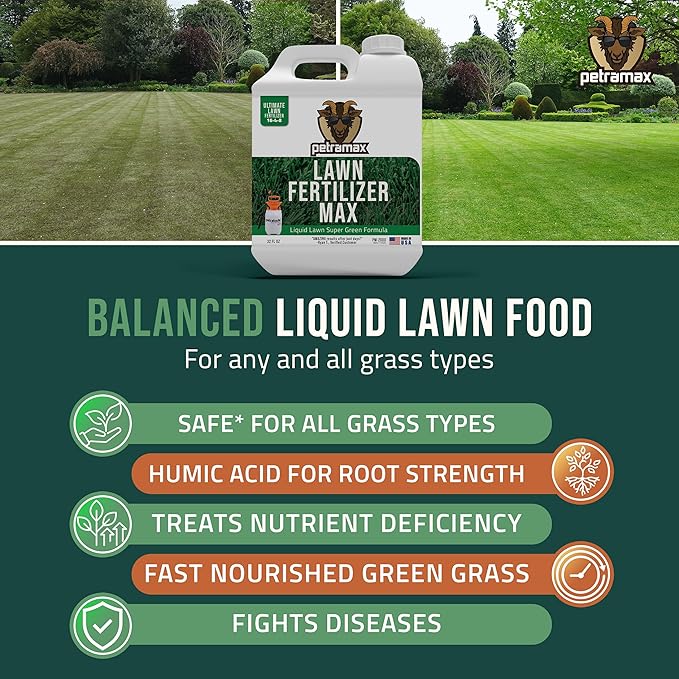 PetraMax Liquid Lawn Fertilizer for Lawns Concentrate - Liquid Fertilizer for Lawns, Food for Grass - 16-4-8 High Nitrogen Lush Green Grass, Phosphorus for Strong Roots - Apply Spring & Summer (32 oz)