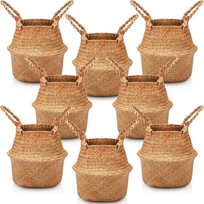 Qunclay 8 Pcs Woven Seagrass Baskets Belly Basket Folding Boho Natural Plant Pot with Handles Round Decorative Wicker Large Indoor Planter for Home Outdoor Tree Planters Decor (S,8.7''dx7.9''h)