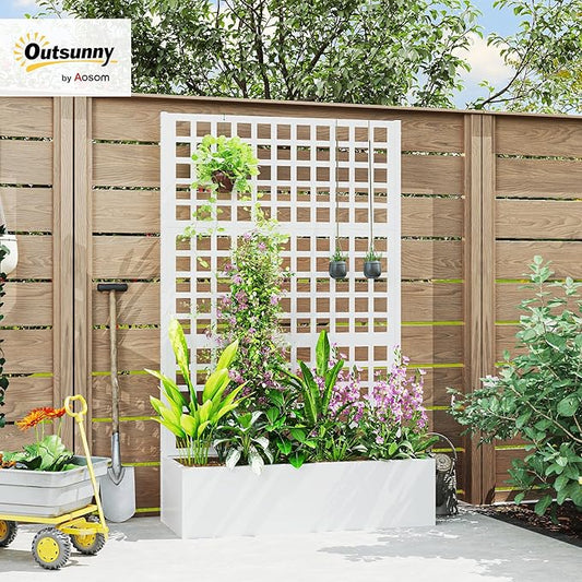 Outsunny Galvanized Raised Garden Bed with Trellis, Metal Planter Box with Drainage Holes, Outdoor Privacy Screen for Climbing Plants, Vegetable, Vines, 43" x 16" x 70", White