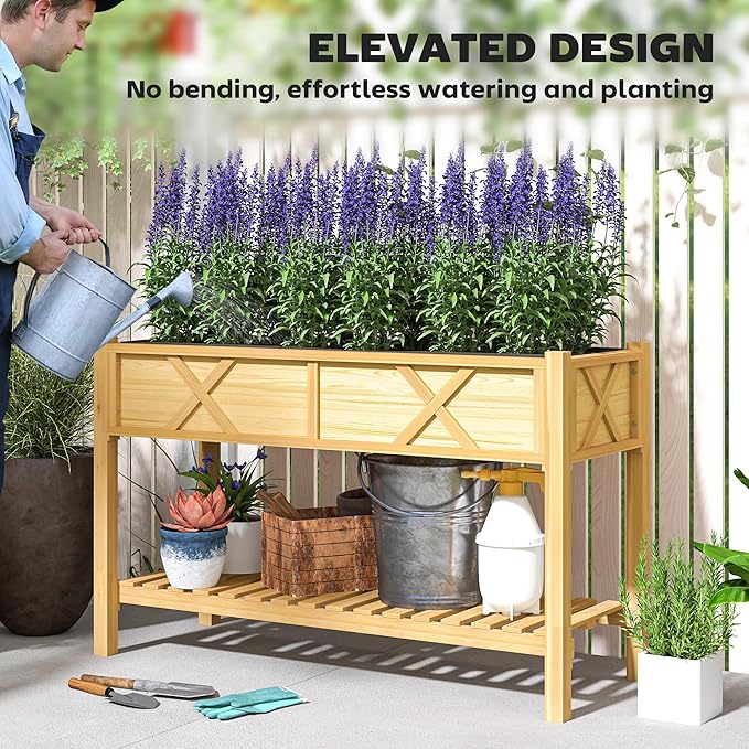 Outsunny Raised Garden Bed, Elevated Wood Planter Box with Storage Shelf, Drainage Holes, and Liner for Backyard, Patio, Balcony, 47 x 22 x 31.5 in, Natural