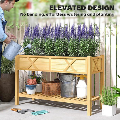 Outsunny Raised Garden Bed, Elevated Wood Planter Box with Storage Shelf, Drainage Holes, and Liner for Backyard, Patio, Balcony, 47 x 22 x 31.5 in, Natural