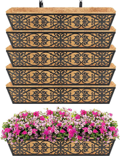 6 Pack 30 Inch Window Boxes Planters Railing Planter Box with Adjustable Brackets & Coco Liners Fabric Plant Grow Bags Deck Railing Planter Boxes Balcony Hanging Flower Box for Outdoor Plants