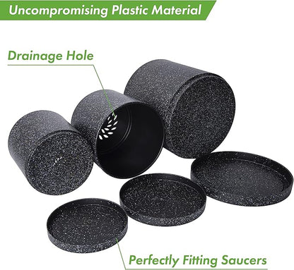 D'vine Dev 6.5 Inch 8 Inch 10 Inch, Set of 3 Plastic Planter Pots for Plants with Drainage Hole and Seamless Saucers, Speckled Black Color, Large, 74-V-F-4