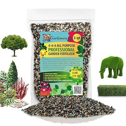 Gardenera 6-6-6 All Purpose Professional Garden Fertilizer - Fuel Robust Growth in Shrubs, Trees, Gardens, and Flowers - 3 QUARTS