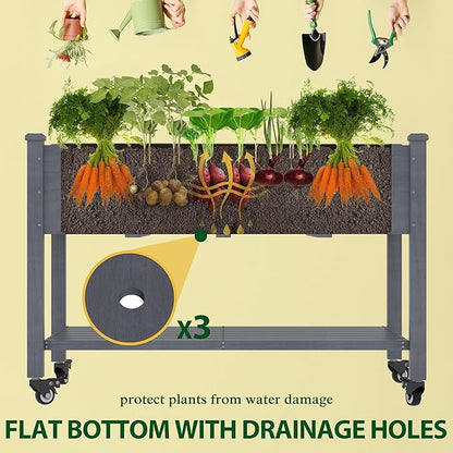 48x24x33in Raised Garden Bed Featuring Legs, Outdoor Elevated Wood Planted Box Equipped with Wheels & Shelf for Vegetable Flower, Backyard and Patio, Gray