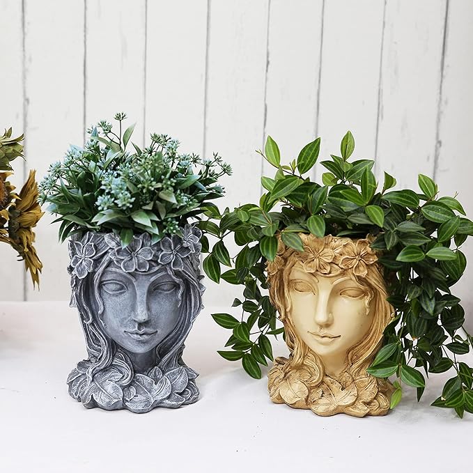 Head Planter Face Flower Pot Goddess Statue Plant Pot Decorative Girl Portrait Planter Indoor Outdoor Girl Face Flower Vase Container Planter (Gray)