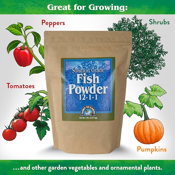 Down to Earth All Natural Fertilizers Organic Solution Grade Fish Powder - Water Soluble Nitrogen - Makes up to 250 Gallons of Liquid Fish Fertilizer for Soil or Foliar Spray 12-1-1, 5 lb
