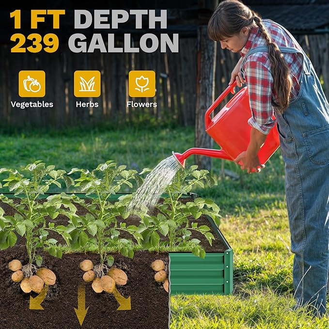DWVO 2pcs 8 x 4 x 1 FT Raised Garden Bed Kit, Outdoor Galvanized Flower Bed with Safety Rubber and Gloves, Large Metal Planter Box for Vegetables, Flowers, Herbs, Fruits, Green