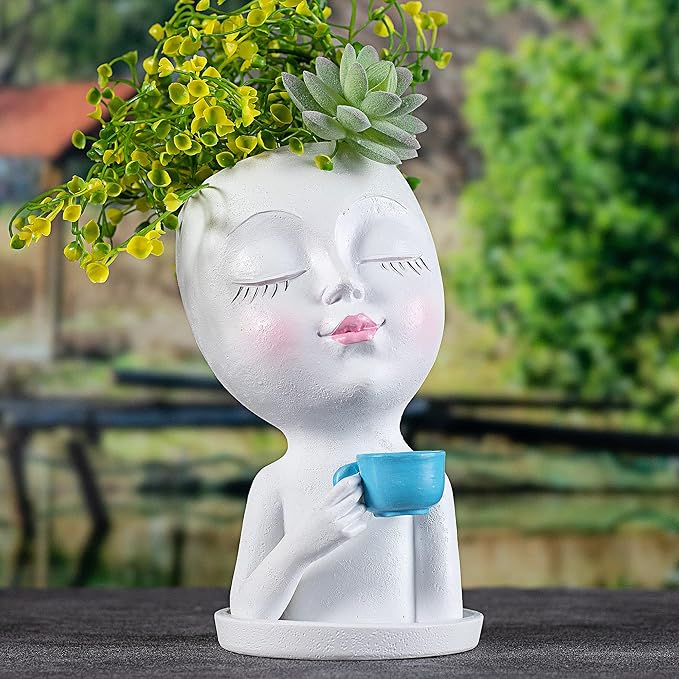 Face Planter Pot - Lady Face Flower Pot for Indoor & Outdoor Plants - Resin Succulent Planter with Drainage Hole, White