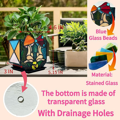 Mushroom Lady Body Plant Pots,Flower Pot with Drainage Hole, Stained Glass Mushroom Lady Yoga Pose Decoration Planter,Unique Cute Face Head Space Decoration Aesthetic 4.6x3x5.15 in