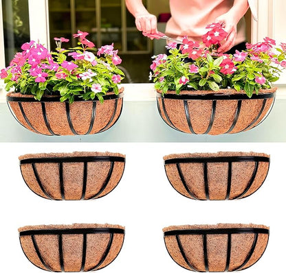 LaLaGreen Wall Planters for Outdoor Plant (16 Inch, 4 Pack) Deck Railing Planter Boxes for Outside Plants Window Flower Box with Coco Liners Metal Horse Troughs Fence Garden Herb Patio Porch over Rail