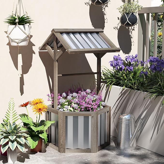 Outsunny Wooden Wishing Well Planter, Raised Garden Bed with Galvanized Canopy, Hexagon Outdoor Planter Box for Flowers, Herbs and Vegetables, Light Gray