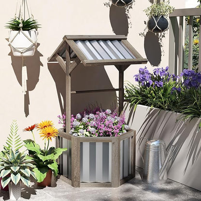 Outsunny Wooden Wishing Well Planter, Raised Garden Bed with Galvanized Canopy, Hexagon Outdoor Planter Box for Flowers, Herbs and Vegetables, Light Gray