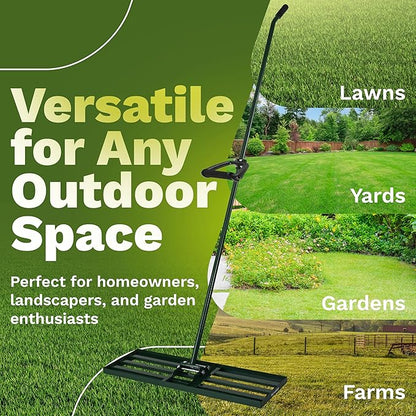Lawn Leveling Rake 30x10 inch, Anti Flip - Heavy Duty Leveling Tool, Steel Handle, and Rake Head– Includes Gloves, Planting Mat, and Garden Shears – Yard Leveler for Lawn Garden, Soil, Sand, and Grass
