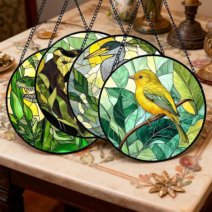 Stained Glass Window Hanging 4 Pcs Set Green Plants Animals Theme 9.8" - Bird Tiger Suncatcher Door Garden Sun Catcher Decor Birthday for Mom Woman Nana Men Friend