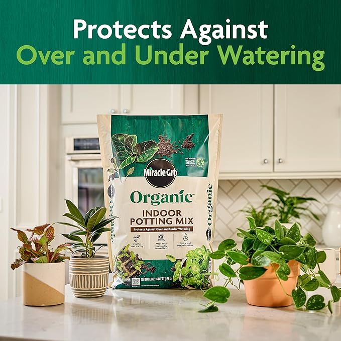 Miracle-GRO Organic Indoor Potting Mix, Protects Against Over and Under Watering, for Indoor Container Plants, Houseplants and Starter Plants, OMRI Listed, 16 qt., 2-Pack