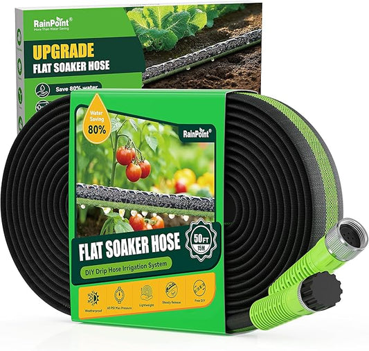 RAINPOINT Soaker Hose 50FT, 80% Water-Saving Drip Irrigation Hose for Garden, Leakproof and Flexible with Anodized Aluminum Ends, Double Layer Flat Soaking Hose for Flower, Vegetables and Tree, Green